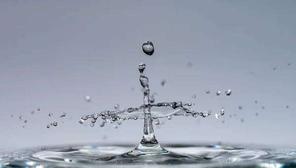 Gotas de agua caen desde una altura de agua pura y clara formando salpicaduras en forma de formas originales de paraguas, setas y coronas —  Fotos de Stock