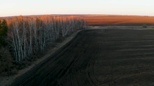 Lente veldwerk, tractor cultiveert land in het licht van zonsondergang, luchtfoto video — Stockvideo