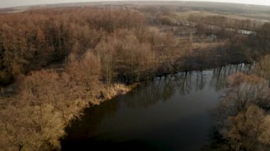 Kurumuş sarı bitki örtüsüyle çevrili bir bahar nehri boyunca bir kuadkopter uçurmak.