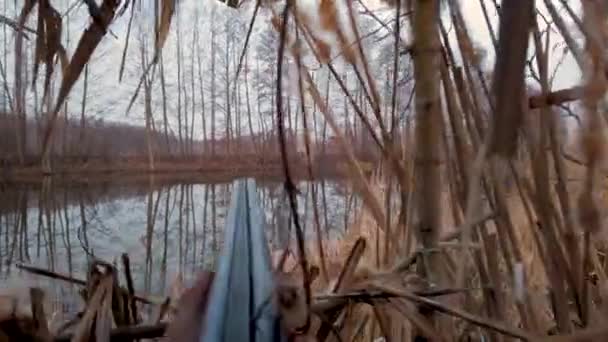 Caza de patos de primavera, dos cazadores escondidos en una cabaña en el río disparan armas a dragos salvajes, vista desde la cabaña en la cámara de acción — Vídeo de stock