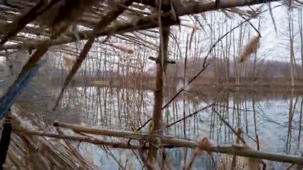Caza de patos de primavera, dos cazadores escondidos en una cabaña en el río disparan armas a dragos salvajes, vista desde la cabaña en la cámara de acción — Vídeo de stock