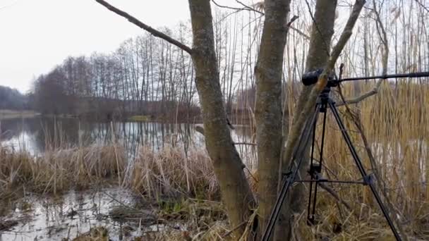 Una cámara en un trípode captura el paisaje primaveral al amanecer — Vídeo de stock