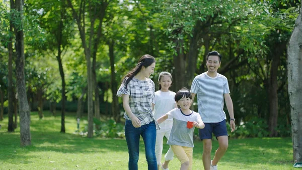 Çinli aile gülümseyen ve birlikte parkta yürüyüş 