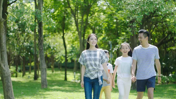 Familia china sonriendo y caminando juntos en el parque —  Fotos de Stock