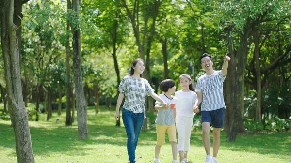 Chinese family smiling & walking together in park while father pointing to the distance