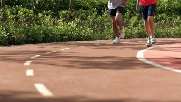 Chinese Father Son Smiling Running Park Summer — Stock Video