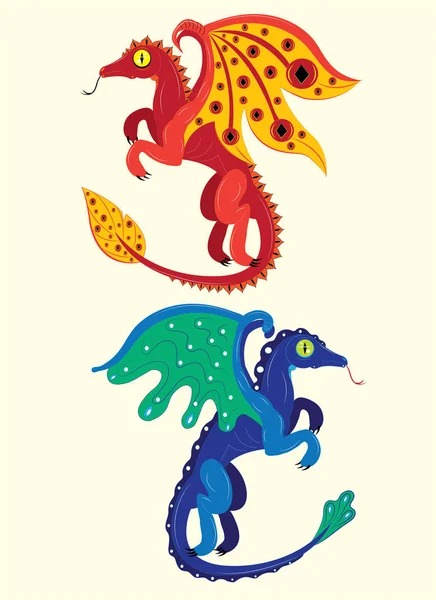 Dos pequeños dragones rojo y azul — Vector de stock