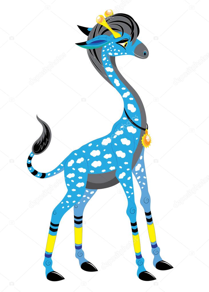 Blue giraffe with clouds on a skin