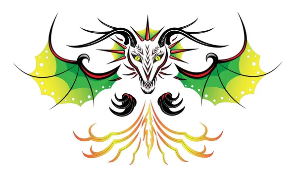 Рогатый Чёрный Дракон Зелёными Крыльями Дышит Огнём — стоковый вектор
