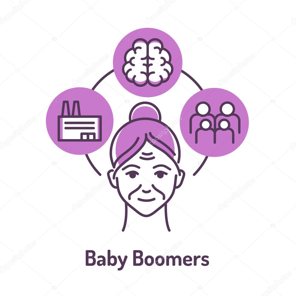 Generation baby boomers color line icon on violet background. Lifestyle: factory work, large family, self-development.