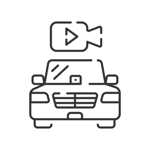 Autonomes Auto mit Black-Line-Symbol der Videokamera. dvr, fahrendes Beobachtungskonzept. fahrerloses Auto. Piktogramm für Webseite, mobile App, Promo. ui ux gui Gestaltungselement. editierbarer Schlaganfall. — Stockvektor