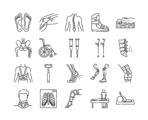 Set de iconos de color de línea ortopédica. Rehabilitación después de lesiones. Tratamiento del sistema musculoesquelético. Concepto de ayuda a la movilidad . — Vector de stock