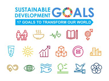 Kurumsal sosyal sorumluluk işareti. Sürdürülebilir Geliştirme Hedefleri vektör çizimi. SDG işaretleri. Reklam, internet, mobil uygulama ve tanıtım için Pictogram. Ui Ux tasarım ögesi.