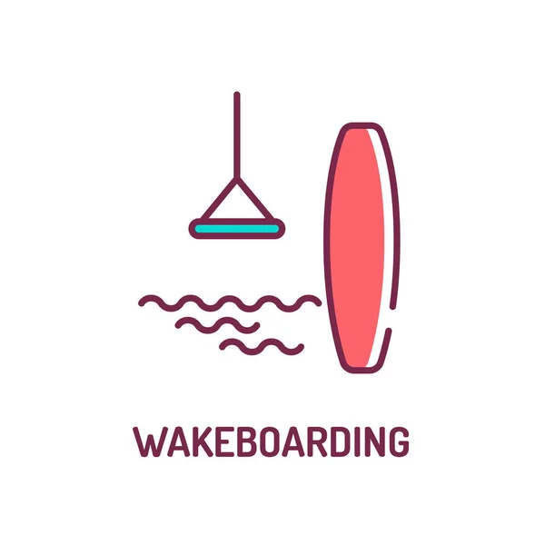 Ícone de linha de cores Wakeboarding. Desporto aquático extremo. O piloto, de pé em um wakeboard, é rebocado atrás de uma lancha em frente. Pictograma para página web, aplicativo móvel, promo. UI UX GUI elemento de design . — Vetor de Stock