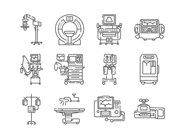 Medische hulpmiddelen lijn zwarte pictogrammen ingesteld. Mri, verdovingsmachine, spuitpomp, druppelaar, defibrillator, tekens voor webpagina, mobiele app. Vector geïsoleerde elementen. Aanpasbare beroerte. — Stockvector