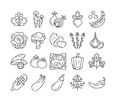 Doğal sebzeler siyah çizgi simgeleri. Sağlıklı, organik gıda konsepti. Yemek malzemeleri koleksiyonu. Web sayfası için piktogramlar, mobil uygulama, tanıtım. Ui Ux Gui tasarım elementleri. Düzenlenebilir vuruş.
