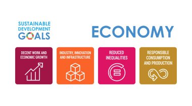 Şirket sosyal sorumluluk renk ikonu seti. Ekonomi. Sürdürülebilir Geliştirme Hedefleri vektör çizimi. SDG işaretleri. Reklam, internet, mobil uygulama ve tanıtım için piktogramlar. Ui Ux tasarım elementleri.