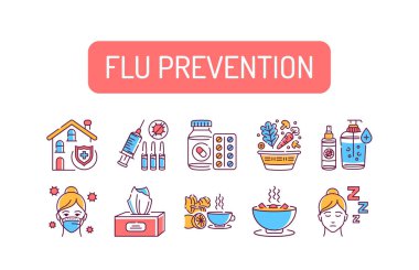 Grip önleme renk çizgisi simgeleri ayarlandı. Hastalığın önlenmesi ve grip virüsünün yayılması. Web sayfası için piktogram, mobil uygulama, tanıtım. Ui Ux Gui tasarım elemanı. Düzenlenebilir vuruş.