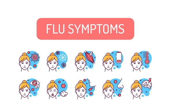Symptomy chřipky jsou nastaveny. Virová onemocnění, nachlazení. Piktogramy pro webovou stránku, mobilní aplikace, promo. Ui Ux Gui designový prvek. Upravitelný tah — Stock fotografie