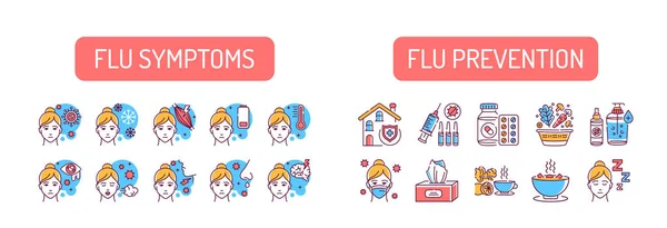 Симптоми грипу та ікони попереджувальної колірної лінії. Вірусні хвороби, застуда. Вірус і профілактика хвороб. Pictogram for web page, mobile app, promo. Розроблений Ui Ux Gui. Приємний інсульт. — стоковий вектор