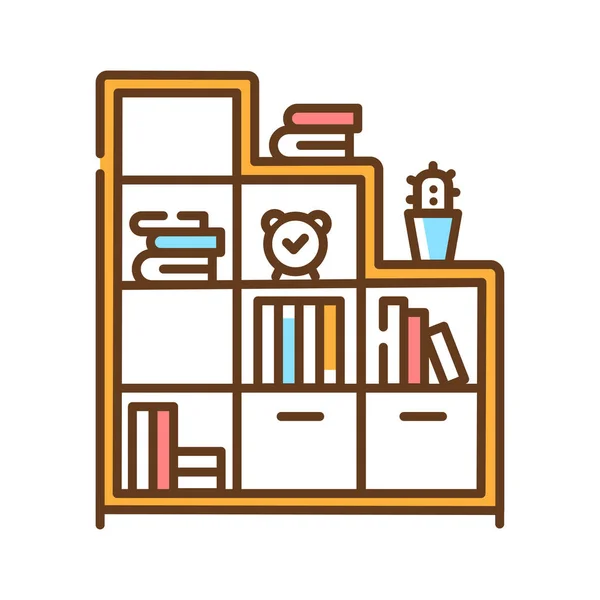 Ícone da linha de cores da prateleira. Mobiliário de pé com prateleiras horizontais, muitas vezes em um armário, usado para armazenar livros. Pictograma para página web, aplicativo móvel, promo. UI UX GUI elemento de design . — Vetor de Stock