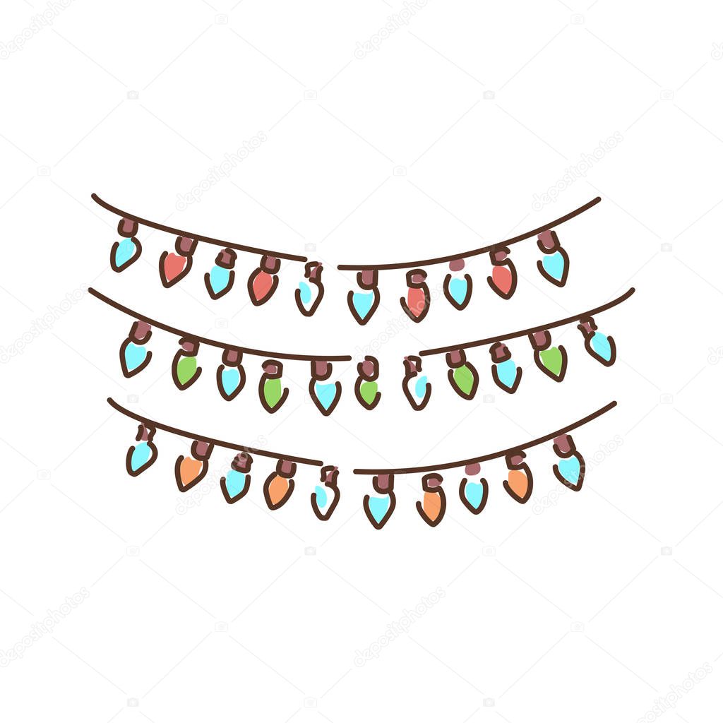 Garland color line icon. A decorative wreath of lights. Glowing lights for Xmas, Holiday. Pictogram for web page, mobile app, promo. UI UX GUI design element. Editable stroke.