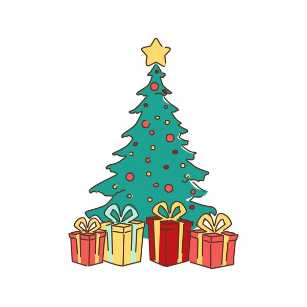 Украшенные елка с подарочными коробками, звезда, огни, украшения шары и лампы цветовой линии icon.Pictogram для веб-страницы, мобильное приложение, промо. UI UX GUI design element. Штрих к таблице . — стоковый вектор