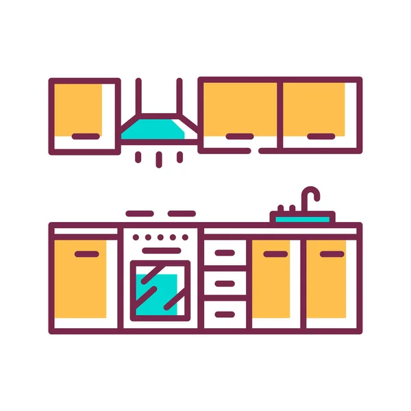 Keuken interier kleur lijn pictogram. Een kamer in het huis die wordt gebruikt voor koken en voedselbereiding. Pictogram voor webpagina, mobiele app, promo. Ui Ux Gui design element. Aanpasbare beroerte — Stockvector