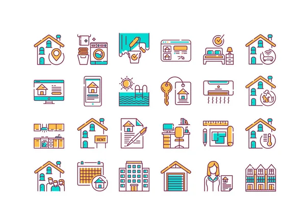 Kiadó ház és ingatlan színes vonal ikonok beállítva. Épületek és ingatlanok. Vásárlás, eladás és lízing. Piktogram weboldalra, mobil alkalmazásra, promóra. Ui Ux Gui design elem. Szerkeszthető stroke. — Stock Vector