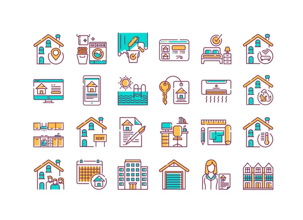 Rent home and real estate color line icons set. Buildings and property. Purchasing, sale and leasing. Pictogram for web page, mobile app, promo. UI UX GUI design element. Editable stroke. — Stock Vector