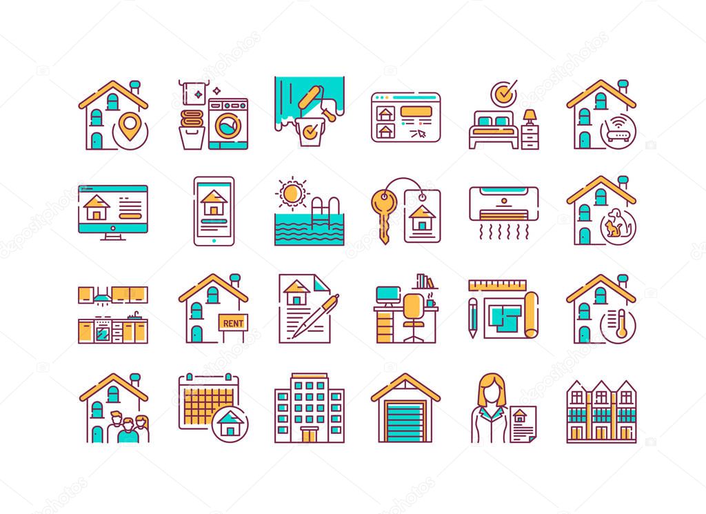 Rent home and real estate color line icons set. Buildings and property. Purchasing, sale and leasing. Pictogram for web page, mobile app, promo. UI UX GUI design element. Editable stroke.