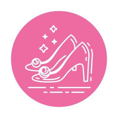 Kadın ayakkabıları çizgisi ikonu. Düğün aksesuarları konsepti. Web sitesi, mobil uygulama, afiş, sosyal medya için imza. Pictogram Ui Ux ve Gui kullanıcı arayüzü. Vektör clipart, illüstrasyon, şablon.