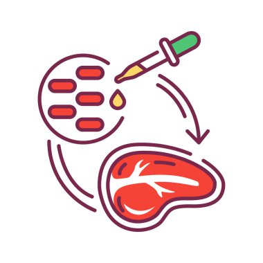 Kök hücre et rengi ikonu. Et, hayvan hücrelerinin tüp hücre kültüründe kesilen hayvanlardan değil, tüp bebek tarafından üretiliyor. Web sayfası için piktogram, mobil uygulama, tanıtım. Düzenlenebilir vuruş.
