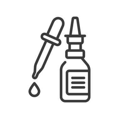 Burun damlası çizgisi siyah ikon. Burnunda ilaç olan bir konteynır. Rhinitis tedavisi. Bulaşıcı hastalıklar, soğuk algınlığı, grip, alerji. Web sayfası, mobil uygulama, düğme, logo için imza. Vektör izole işareti.
