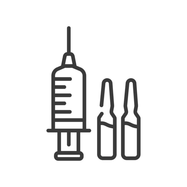 İğne siyah çizgi ikonu aşısı ile şırınga ve ampuller. Aşı konsepti. Tedavi süreci. İnternet için piktogram, mobil uygulama, tanıtım. Ui Ux tasarım elemanı. Düzenlenebilir vuruş. — Stok fotoğraf