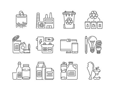 Siyah çizgi simgeleri geri dönüşüm ayarlanıyor. Çöp ayıklama. Sıfır israf yaşam tarzı. Çevre dostu. Web sayfasını imzala, uygulama. Ui Ux Gui tasarım elemanı. Düzenlenebilir vuruş.