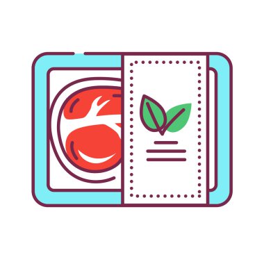 Paketleme renk çizgisi simgesinde bitki temelli et. Bitkilerden yapılmış paketlenmiş et. Web sayfası için piktogram, mobil uygulama, tanıtım. Ui Ux Gui tasarım elemanı. Düzenlenebilir vuruş.