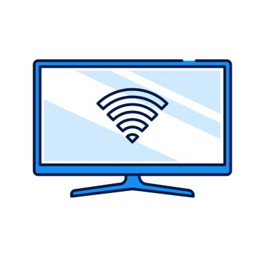 Kablosuz ağ renk çizgisi simgesiyle TV görüntüsü. Dahili internet erişimi ya da TV alıcısı olan bir televizyon. Web sayfası için piktogram, mobil uygulama, tanıtım. Düzenlenebilir vuruş.