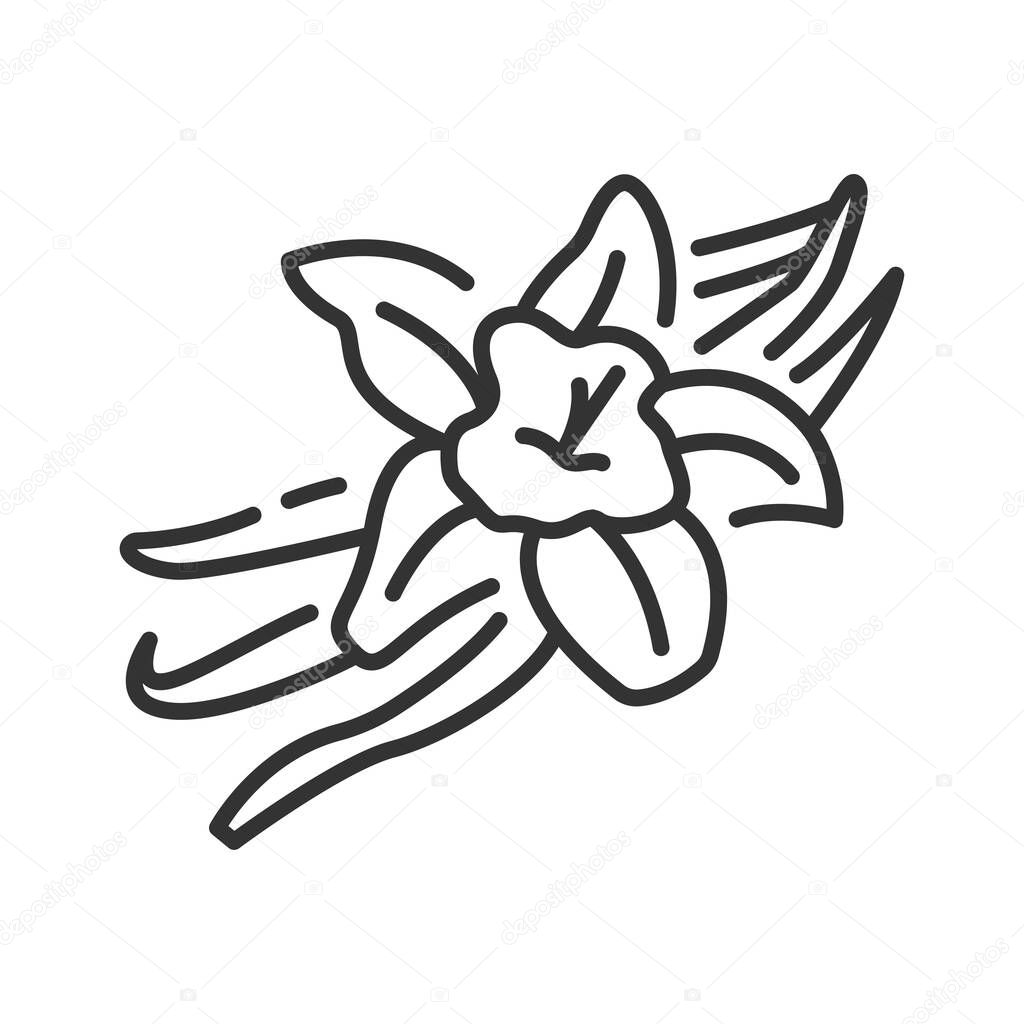 Vanilla pods and flower with caption black line icon. Spices, seasoning. Cooking ingredient. Pictogram for web page, mobile app, promo