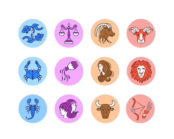 Zodiac signs color line icons set. Astrology. Horoscope. All zodiac signs and elements. Predictions and human character. UI UX GUI design element. Editable stroke. — Stock Vector