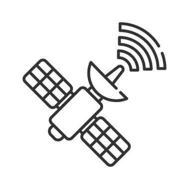 Uydu siyah çizgi simgesi. Kablosuz iletişim ekipmanları. Anten uzaydan sinyal iletir ve alır. Web sitesi, mobil uygulama, afiş, sosyal medya için imza. Düzenlenebilir vuruş.