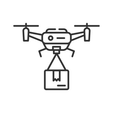 İHA teslimat siyah çizgi simgesi. Quadcopter bir paket taşıyor. Uçak aygıtı konsepti. Web sitesi, mobil uygulama, afiş, sosyal medya için imza. Düzenlenebilir vuruş.