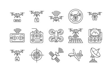 Drone otomatik insansız kontrol siyah çizgi simgeleri ayarlandı. Uçak cihazları konsepti. Teslimat servisi. Uzaktan kumanda, askeri hava aracı, uydu, radar. Web sayfası, mobil uygulama, sosyal medya için imza.