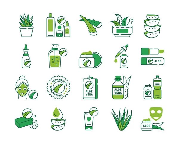 Aloe color line icons set. Care products with aloe extract for face and body. Slincare. Cosmetics. Pictogram for web page, mobile app, promo. UI UX GUI design element. Editable stroke. — 스톡 벡터