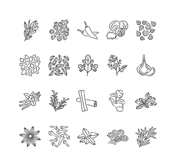 Spices and herbs black line icons set. Seasonings: ground pepper, fennel, cinnamon, cloves, ginger, Cooking ingredient. Pictogram for web page, mobile app, promo. Editable stroke. — 스톡 벡터