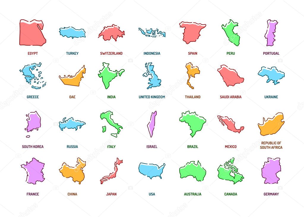 Countries color line icons set. Different world countries from all continents. Pictogram for web page, mobile app, promo. UI UX GUI design element. Editable stroke.