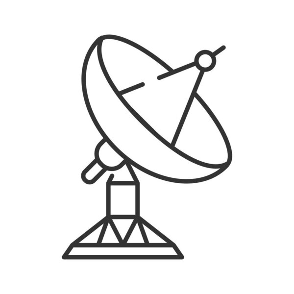 Radar satellite dish black line icon. Wireless communication equipment. Antenna transmits and receives a signal from space. Sign for web page, mobile app, banner, social media. Editable stroke.