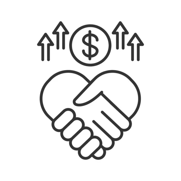Sponsorluk hattı siyah ikonu. El sıkışma ve para. Vektör piktogramı için bağış topluyorum. Hayırseverlik ve gönüllülük sembolü. Web sayfası için düğme, mobil uygulama, tanıtım, Ui Ux kullanıcı arayüzü. Düzenlenebilir vuruş.