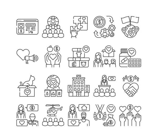Volunteering black line icons set. Non profit community. Humanitarian aid. Signs for web page, mobile app, banner, social media. Editatable stroke. — Stock Vector