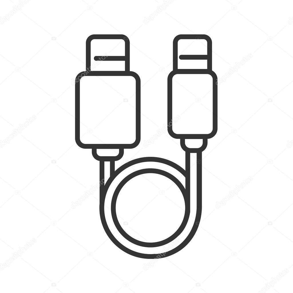 USB cable black line icon. Connectors and sockets for PC and mobile devices sign. Computer peripherals connector or smartphone recharge supply. Sign for web page, mobile app, banner. Editable stroke